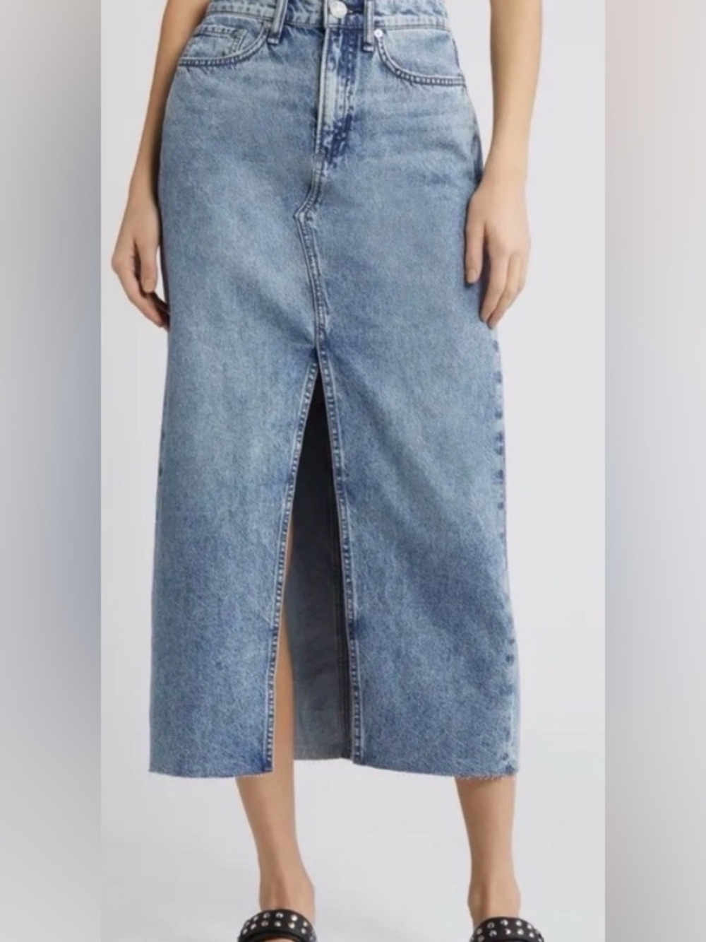 rag & bone Light Blue Denim Midi Skirt with Center Front Slit